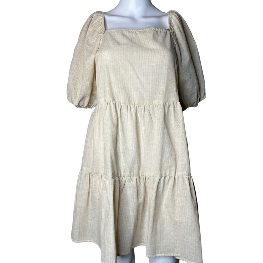 HYFVE Tiered Ruffle Puffy Sleeve Peaseant Knee Length Dress Cream Size Medium